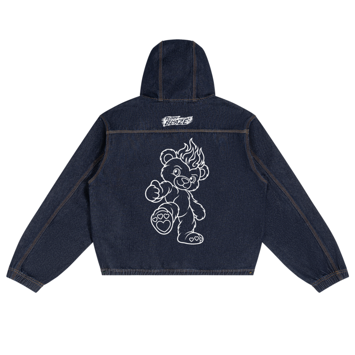 Elevate your outerwear rotation with the House of Teddy Blaze Box Cut Vintage Wash Denim Zip Hoodie. Washed indigo 425 gsm denim zip hoodie, contrast stitching, split pouch pockets, and white line-art Mr. Blazehead mascot embroidery. Shop NYC to Vegas style