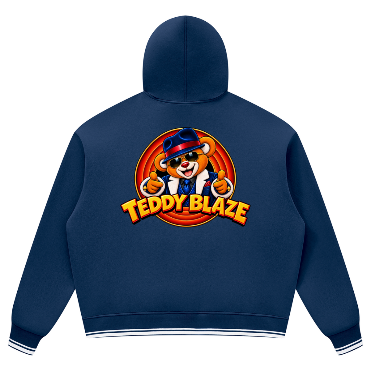 Elevate your preppy streetwear layers with the House of Teddy Blaze Mr Blaze Striped Trim Fleece Hoodie. Navy blue 345 gsm fleece, striped ribbed trim, kangaroo pocket, and suit-and-fedora bear graphics. Shop NYC to Vegas style.