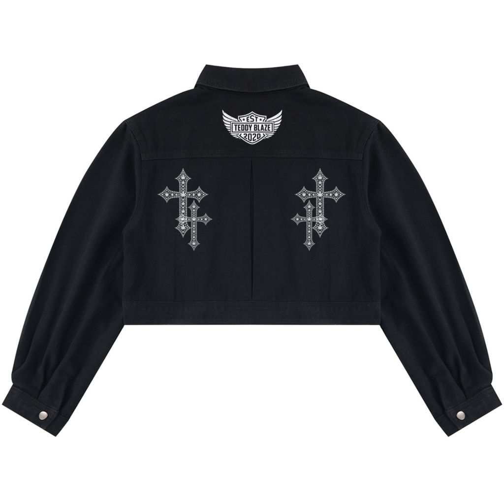 Shop the Freedom Crest Cropped Biker Jacket by Teddy Blaze. Slim-fit 420 gsm cotton cropped jacket featuring dual chest wings and DaCruz back cross graphics.
