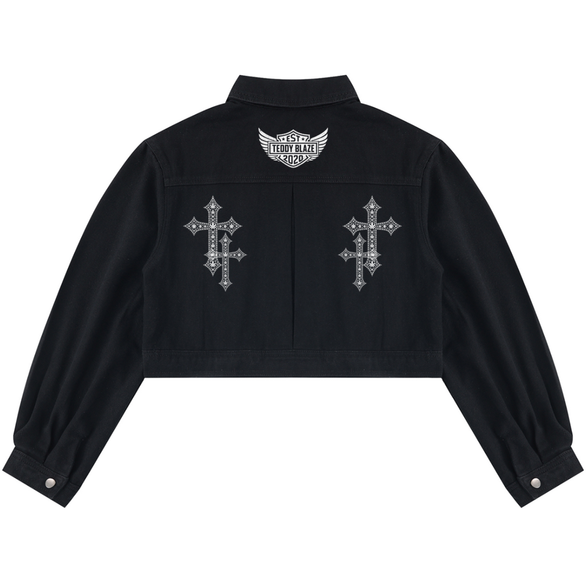 Shop the Freedom Crest Cropped Biker Jacket by Teddy Blaze. Slim-fit 420 gsm cotton cropped jacket featuring dual chest wings and DaCruz back cross graphics.