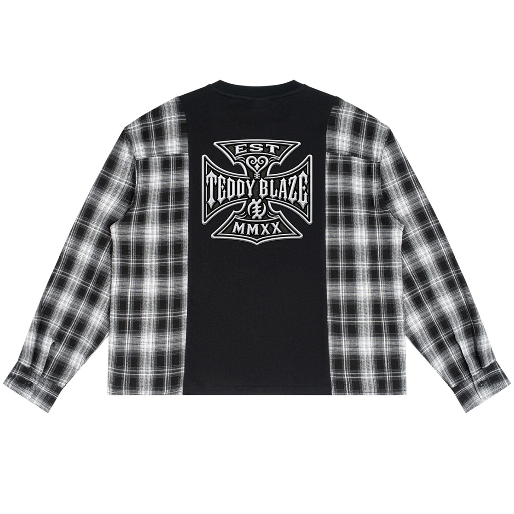A long-sleeve button-up shirt with a black center panel and black-and-white plaid sleeves, featuring a large white 'TEDDY BLAZE' graphic on the back.
