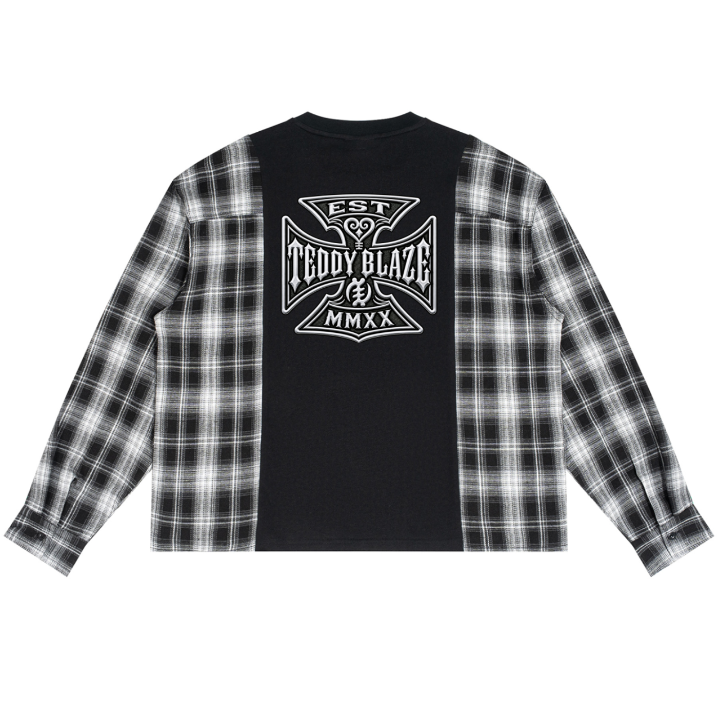 A long-sleeve button-up shirt with a black center panel and black-and-white plaid sleeves, featuring a large white 'TEDDY BLAZE' graphic on the back.