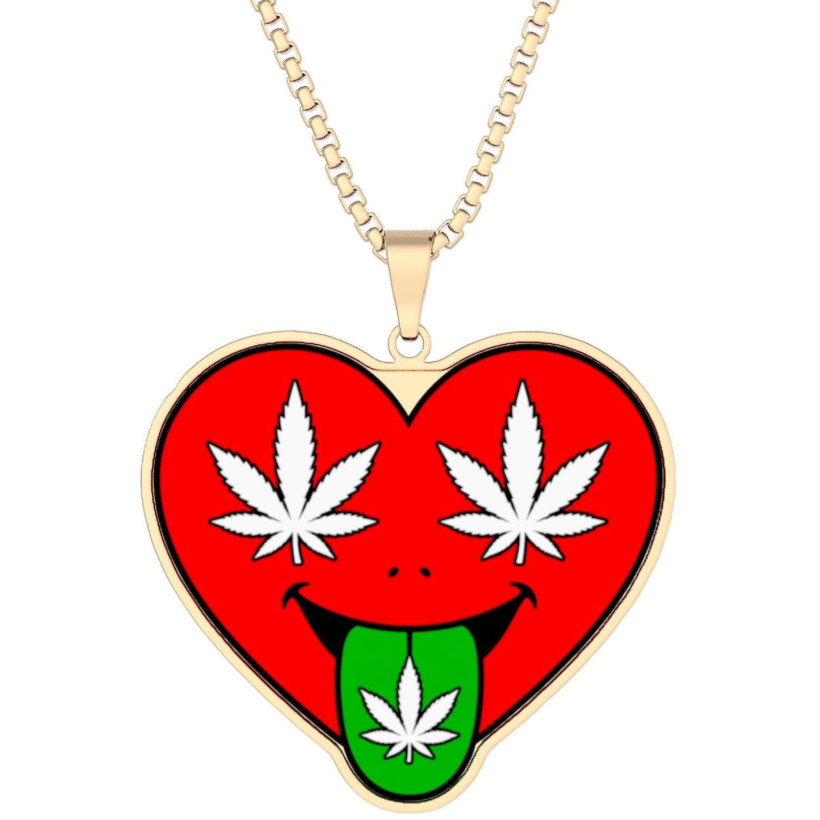 A gold chain necklace with a heart-shaped pendant featuring a red background, white cannabis leaves for eyes, a black smile, and a green tongue also with a white cannabis leaf, shown on a plain white background.