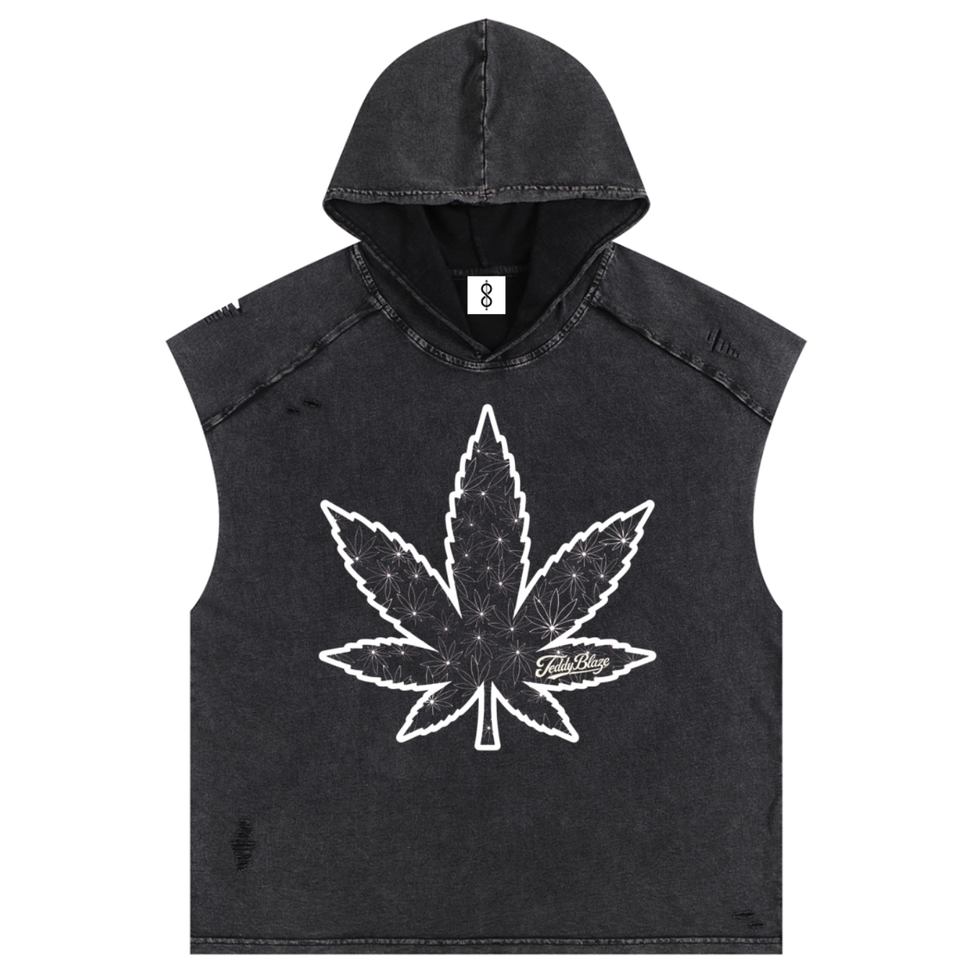 A sleeveless hooded crop top in washed black denim featuring a large white cannabis leaf graphic on the front, displayed against a solid white background.