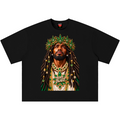 A black short-sleeve crewneck t-shirt featuring a large graphic print of a man with dreadlocks wearing a green leaf crown and a 'THY ROSE' necklace, displayed flat against a white background.