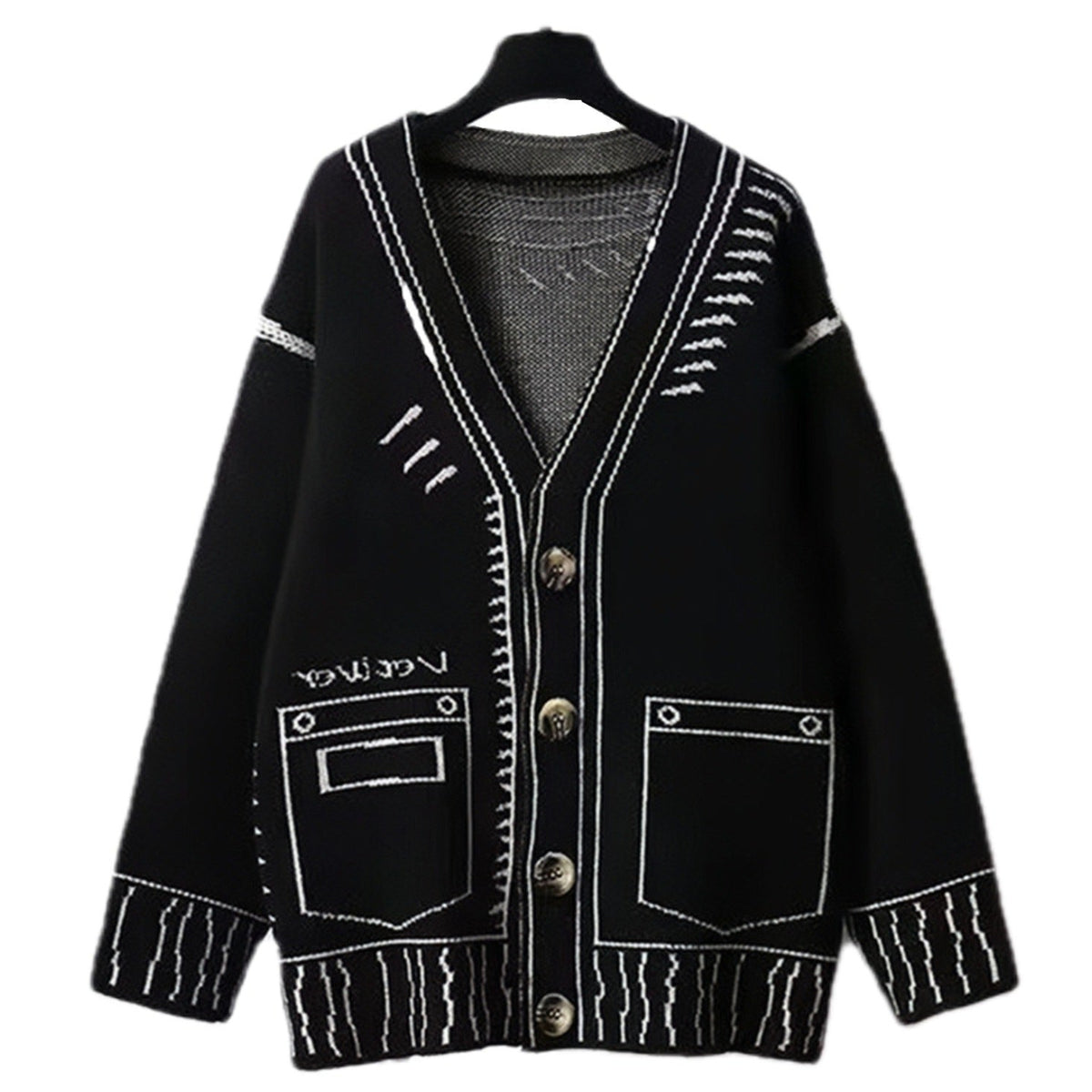 Shop the Iron + Ivy Sketch Graphic Oversized Knit Cardigan by Teddy Blaze. Off-white wool-blend V-neck cardigan featuring trompe-l'œil hand-drawn contrast embroidery details.