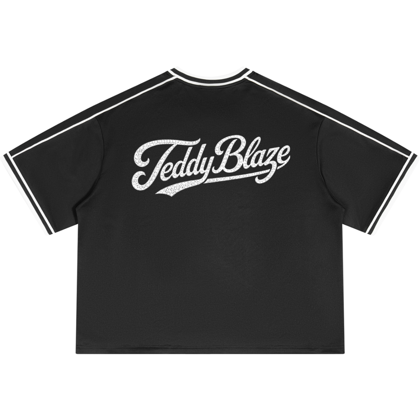 A black short-sleeve t-shirt with white contrast stitching along the collar and sleeve cuffs, featuring a distressed white 'TeddyBlaze' logo printed across the chest.