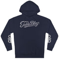 A navy blue pullover hoodie with a silver glitter-textured 'Teddy Blaze' logo across the chest and matching silver logo graphics on both sleeves, shown against a plain white background.