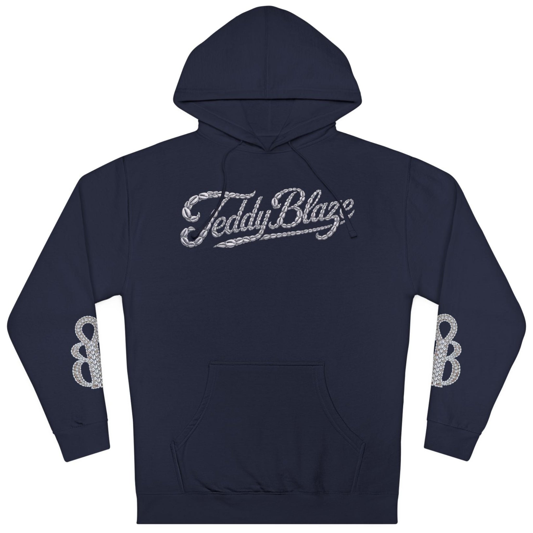 A navy blue pullover hoodie with a silver glitter-textured 'Teddy Blaze' logo across the chest and matching silver logo graphics on both sleeves, shown against a plain white background.