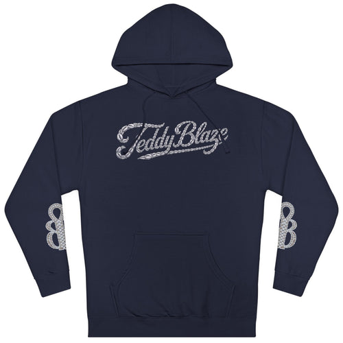 A navy blue pullover hoodie with a silver glitter-textured 'Teddy Blaze' logo across the chest and matching silver logo graphics on both sleeves, shown against a plain white background.