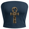 A navy blue strapless tube top featuring a large, ornate gold and black Ankh symbol on the front, set against a plain white background.