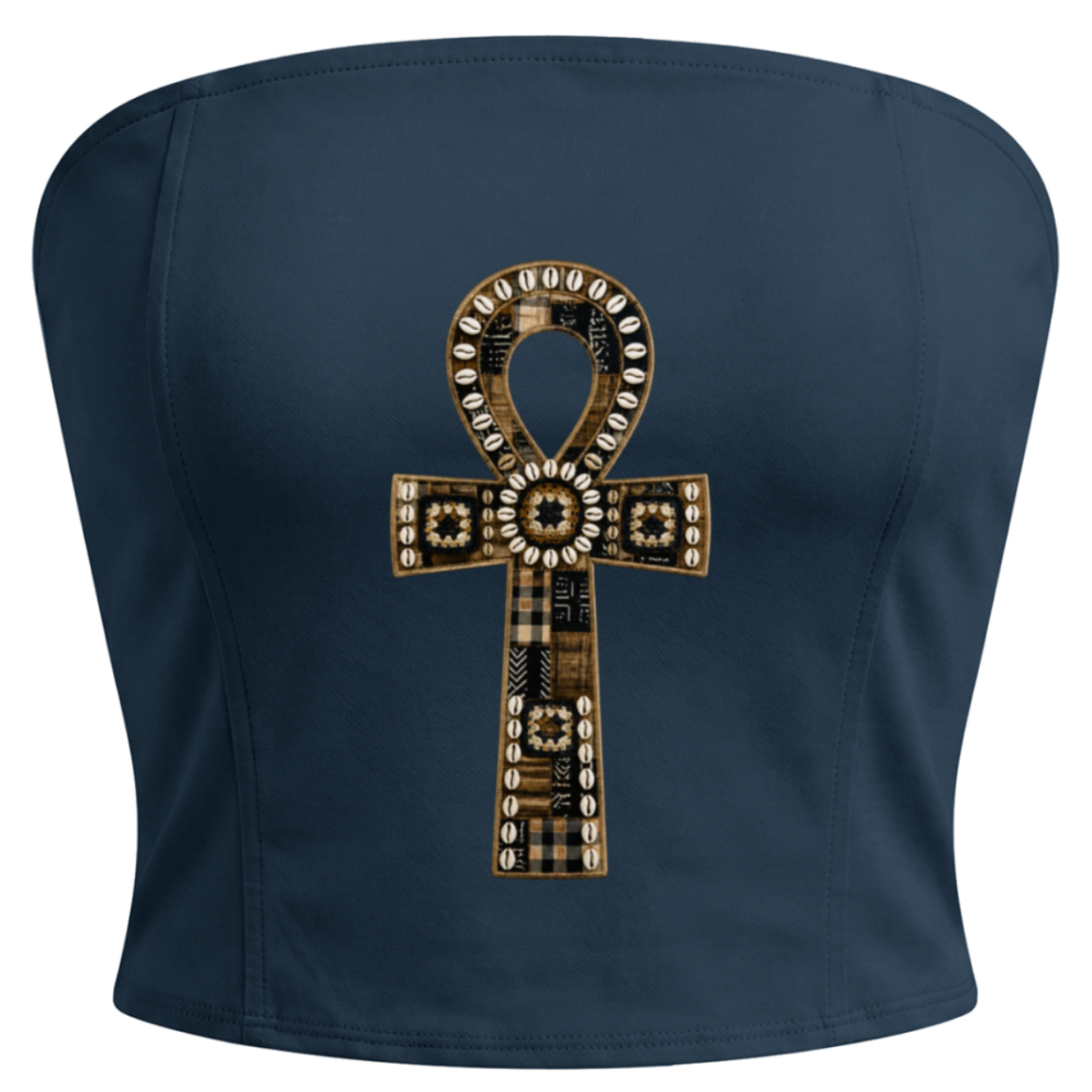 A navy blue strapless tube top featuring a large, ornate gold and black Ankh symbol on the front, set against a plain white background.