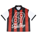 A short-sleeve retro football jersey with vertical red and black stripes, white sleeves, and a large white '69' and 'Teddy Blaze' graphic on the front.