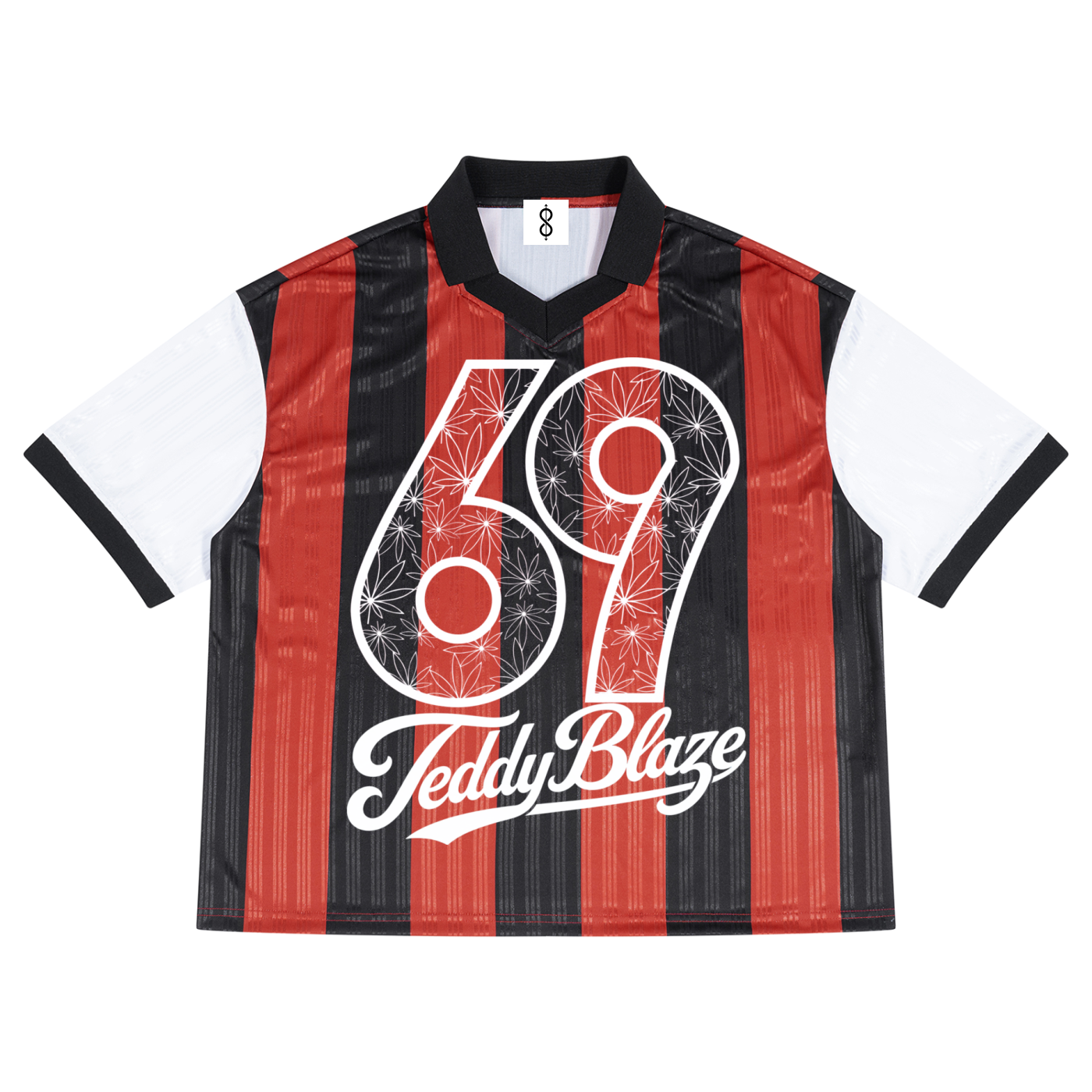 A short-sleeve retro football jersey with vertical red and black stripes, white sleeves, and a large white '69' and 'Teddy Blaze' graphic on the front.