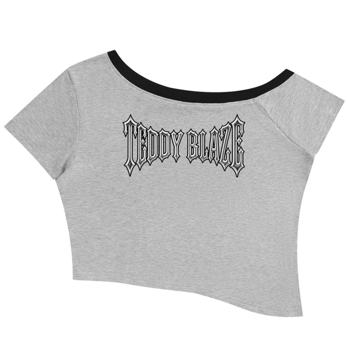 A light gray heather ringer crop top featuring a black gothic-style 'TEDDY BLAZE' graphic on the chest and a black trim along the wide neckline, displayed on a solid white background.