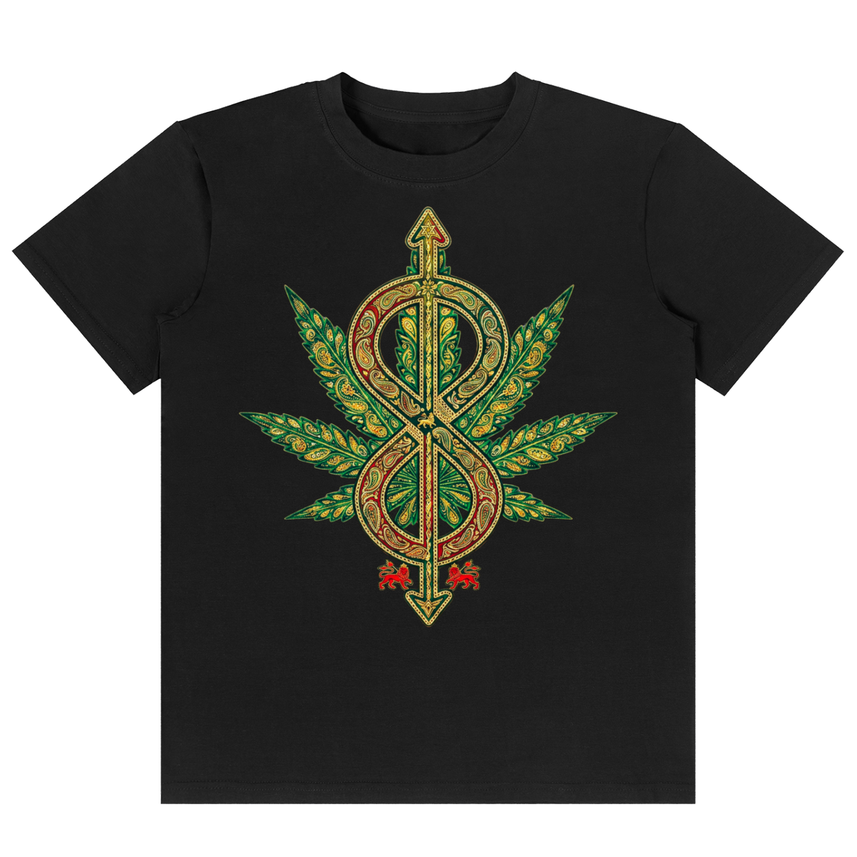 A black short-sleeve crewneck t-shirt featuring a large graphic print on the front. The graphic depicts a cannabis leaf with an infinity symbol and dollar sign design in green, gold, and red, flanked by two small red roses.