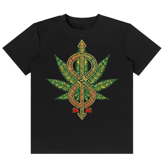 A black short-sleeve crewneck t-shirt featuring a large graphic print on the front. The graphic depicts a cannabis leaf with an infinity symbol and dollar sign design in green, gold, and red, flanked by two small red roses.