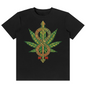 A black short-sleeve crewneck t-shirt featuring a large graphic print on the front. The graphic depicts a cannabis leaf with an infinity symbol and dollar sign design in green, gold, and red, flanked by two small red roses.