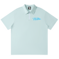 Light blue polo shirt with a brand logo on a white background