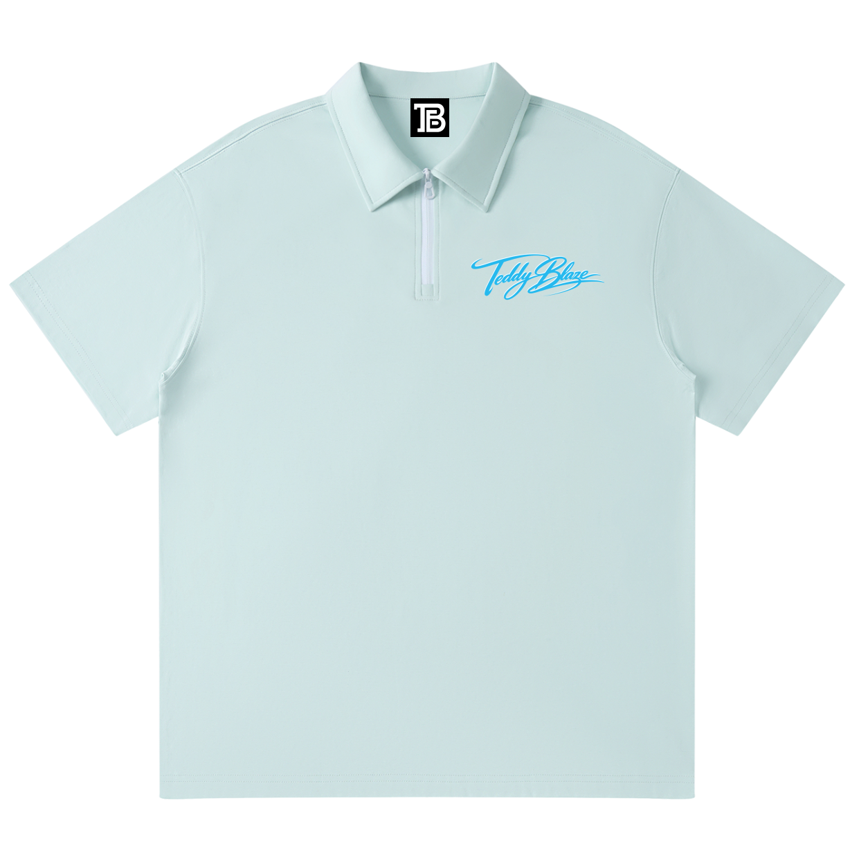 Light blue polo shirt with a brand logo on a white background