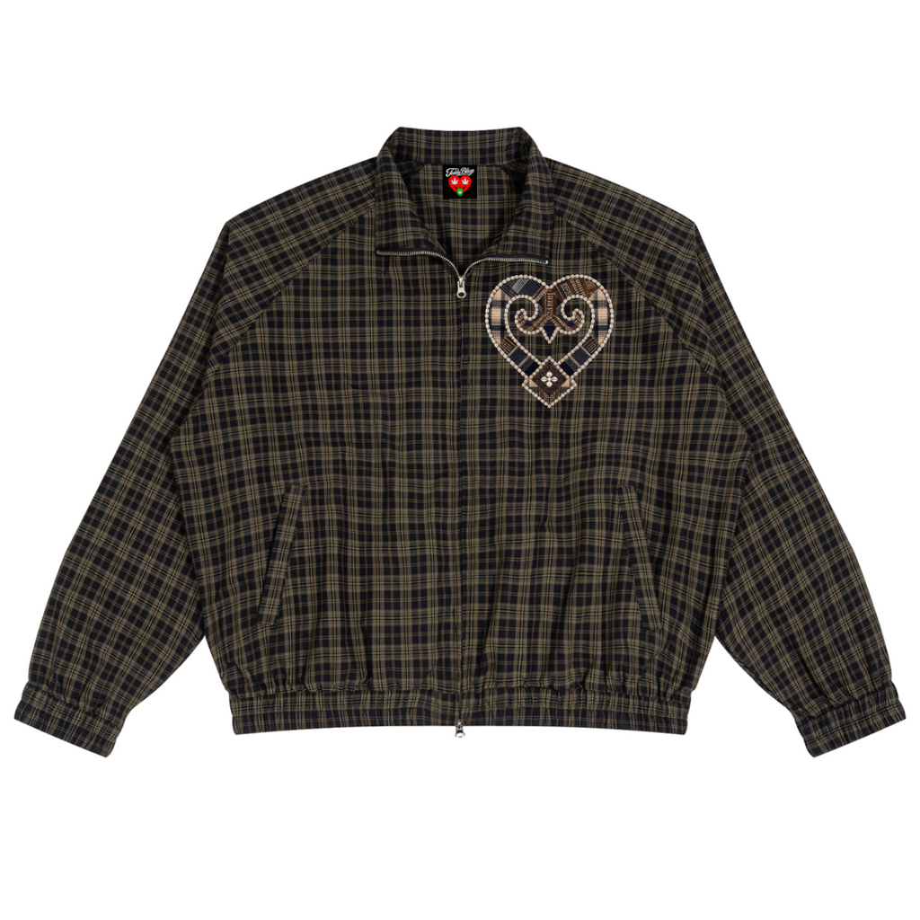 A dark brown and black plaid zip-up jacket with a heart-shaped patch on the left chest, displayed flat against a solid white background.