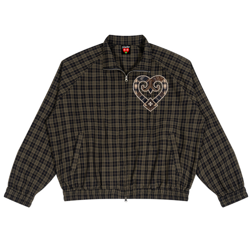 A dark brown and black plaid zip-up jacket with a heart-shaped patch on the left chest, displayed flat against a solid white background.