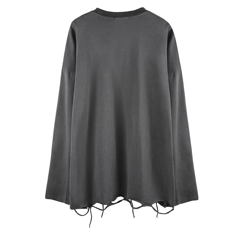 Shop the Slashed Hem Drop Shoulder Long Sleeve Tee by Teddy Blaze. Wrinkle-resistant combed cotton tee featuring raw distressed hem cutouts from THE IVY MAN.