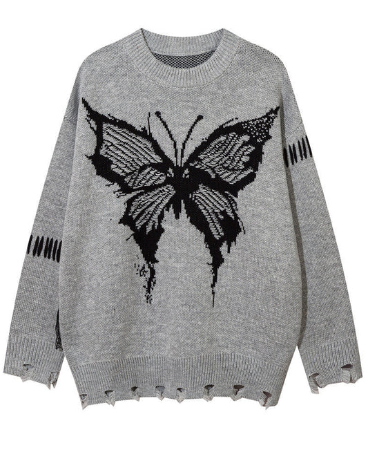 Butterfly Print Jacquard Kniit Distressed Hem Sweater