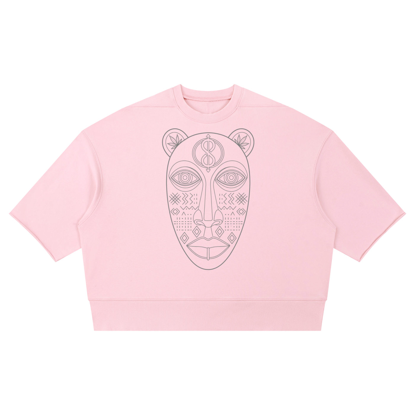 A light pink cropped crewneck sweatshirt featuring a black line art graphic of a stylized face with tribal patterns on the front, displayed against a solid white background.