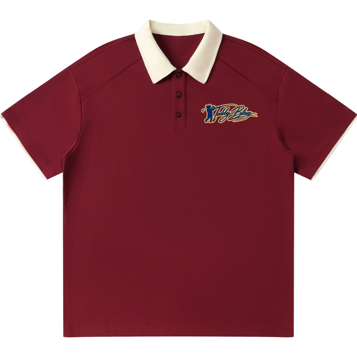 A short-sleeve polo shirt in maroon with a cream-colored collar and a small silver and black 'MP' logo on the left chest, displayed on a clean white background.