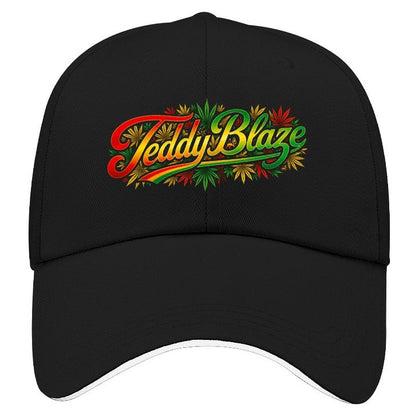 A black baseball cap featuring a colorful embroidered 'Teddy Blaze' logo with red, yellow, and green script and leaf details on the front, set against a plain white background.