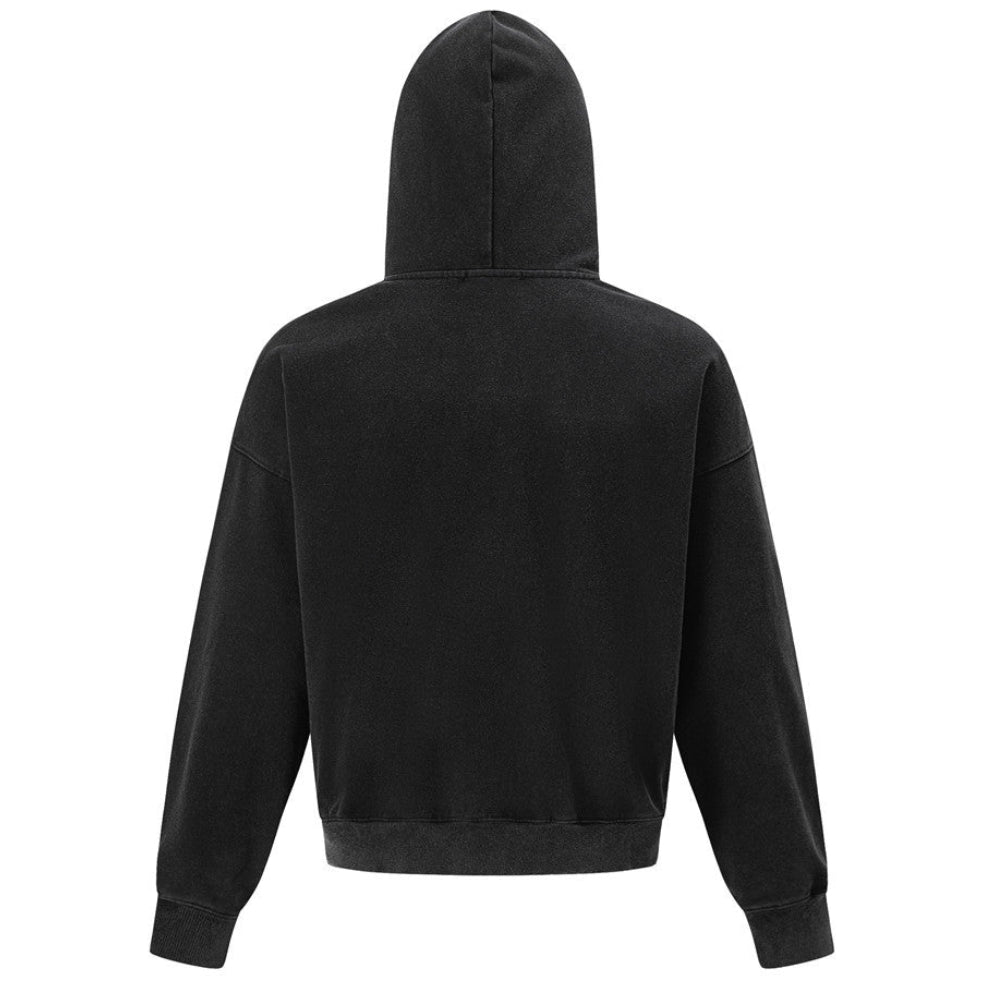 Shop the Iron + Ivy Hussier Frogged Pullover Hoodie by Teddy Blaze. Heavyweight washed black cotton-blend hoodie featuring military-inspired chest frogging and silver metallic hardware.