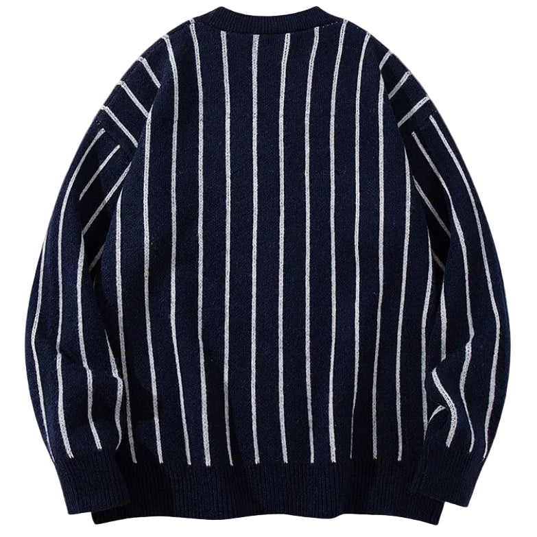 Shop the Iron + Ivy Vertical Pinstripe V-Neck Cardigan by Teddy Blaze. Oversized dark blue jacquard knit button-down cardigan sweater featuring crisp white pinstripes.