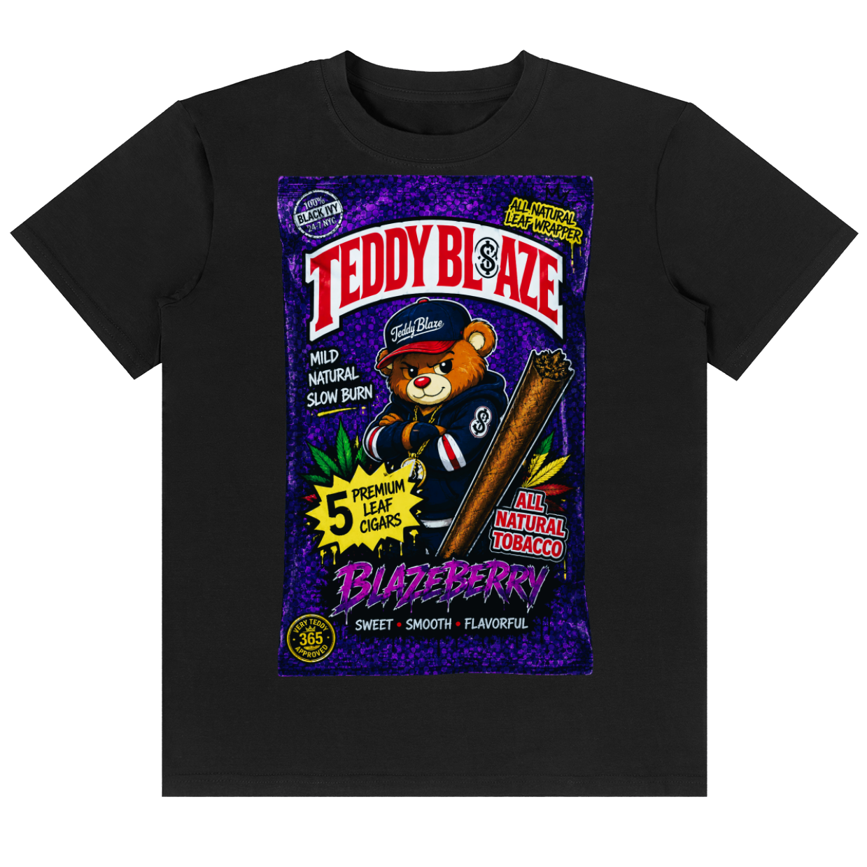 A black short-sleeve crewneck t-shirt featuring a large, colorful graphic print on the front. The graphic is styled like a vintage candy package, with 'TEDDY BLAZE' in bold red letters at the top, a cartoon teddy bear wearing a cap and holding a cigar, and 'BERRYBERRY' in purple at the bottom.