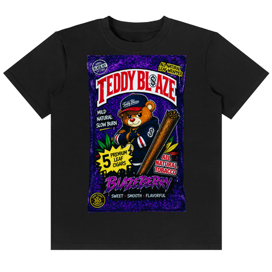 A black short-sleeve crewneck t-shirt featuring a large, colorful graphic print on the front. The graphic is styled like a vintage candy package, with 'TEDDY BLAZE' in bold red letters at the top, a cartoon teddy bear wearing a cap and holding a cigar, and 'BERRYBERRY' in purple at the bottom.