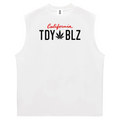A white sleeveless athletic tank top featuring a graphic print on the chest that reads 'California TDY BLZ' in red and black, with a cannabis leaf symbol replacing the letter 'I' in 'BLZ'.