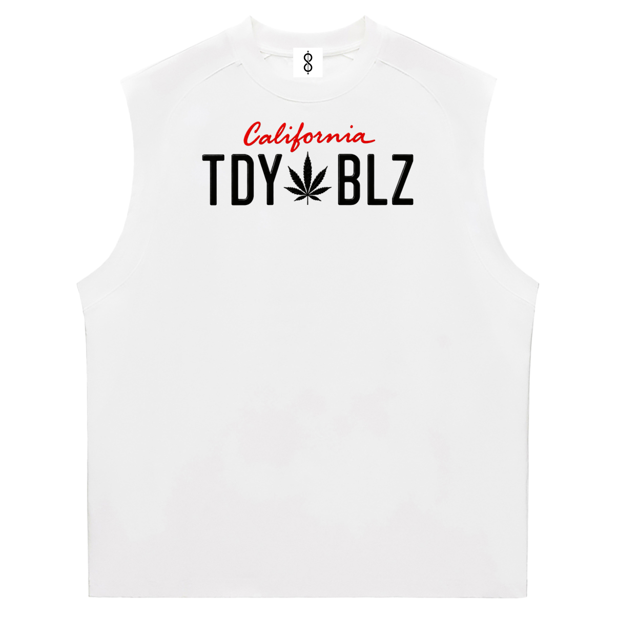 A white sleeveless athletic tank top featuring a graphic print on the chest that reads 'California TDY BLZ' in red and black, with a cannabis leaf symbol replacing the letter 'I' in 'BLZ'.
