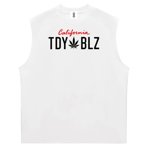 A white sleeveless athletic tank top featuring a graphic print on the chest that reads 'California TDY BLZ' in red and black, with a cannabis leaf symbol replacing the letter 'I' in 'BLZ'.