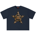 A navy blue short-sleeve t-shirt with a large star-shaped graphic on the chest, featuring a detailed circuit board pattern in gold, brown, and black with small white details. The shirt is displayed flat against a solid white background.