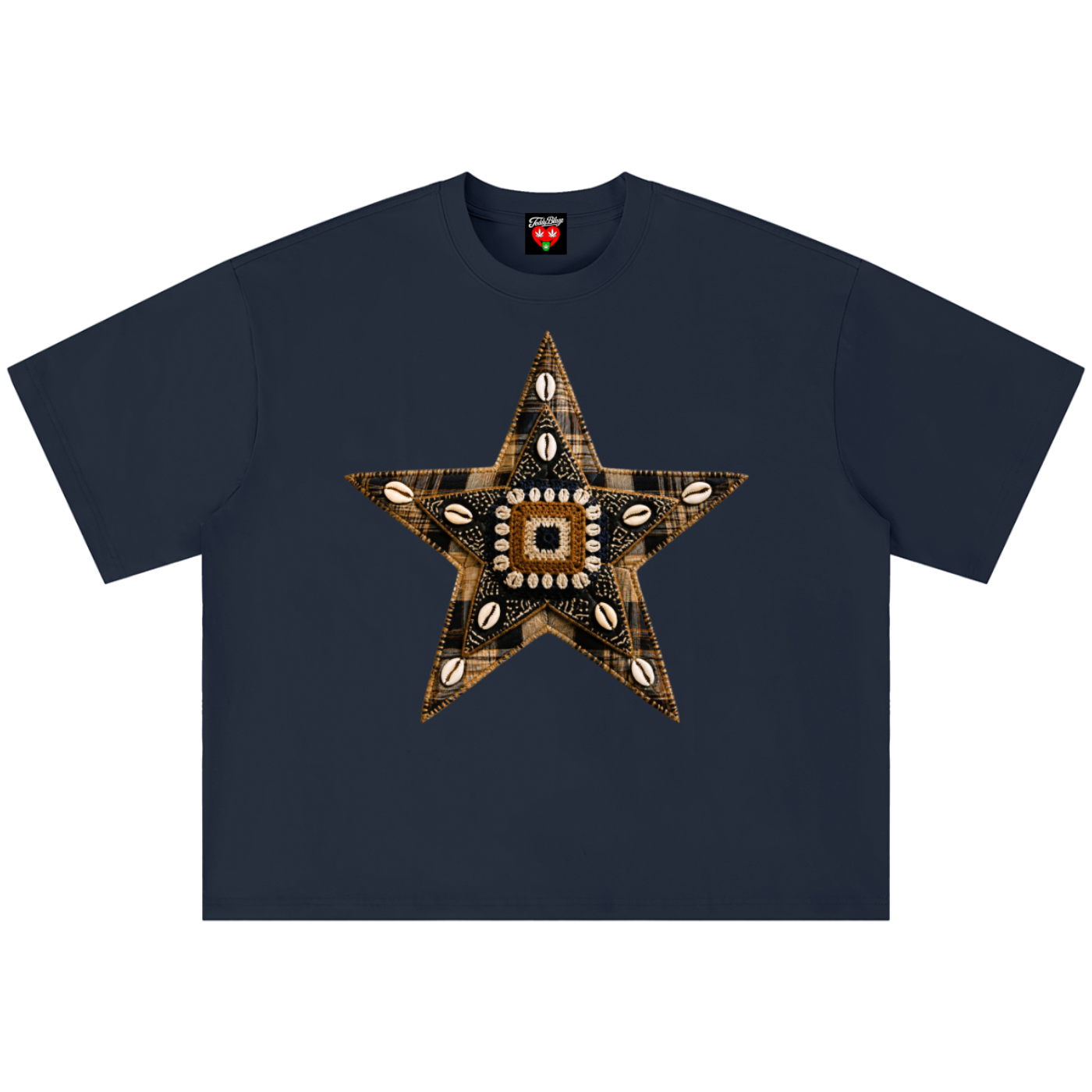 A navy blue short-sleeve t-shirt with a large star-shaped graphic on the chest, featuring a detailed circuit board pattern in gold, brown, and black with small white details. The shirt is displayed flat against a solid white background.