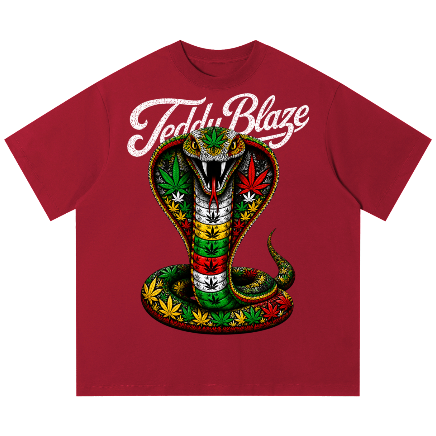 A red short-sleeve crewneck t-shirt featuring a large graphic of a hooded cobra snake with cannabis leaves in its scales, under the white script text 'Teddy Blaze'.