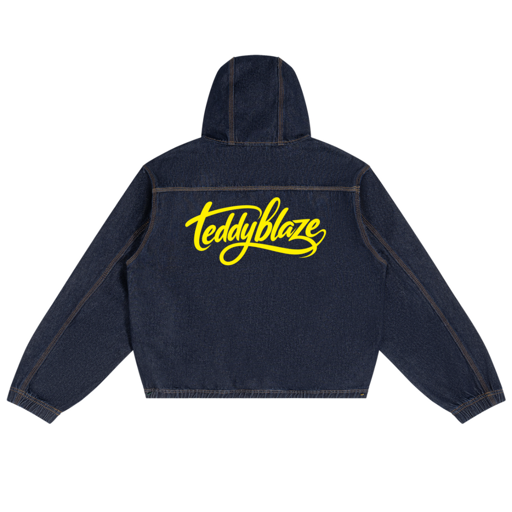 Shop the Signature Vintage Wash Trucker Hoodie by Teddy Blaze. Heavyweight 425 gsm indigo denim zip hoodie featuring yellow script branding and trucker jacket seam details.