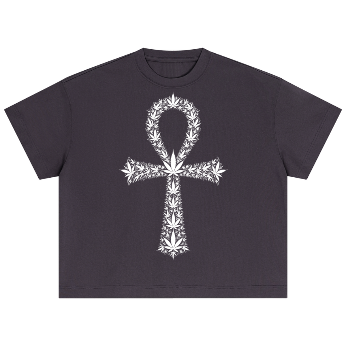 A dark charcoal gray short-sleeve crop top t-shirt featuring a large white graphic of an Ankh symbol composed of cannabis leaves, displayed flat against a solid white background.