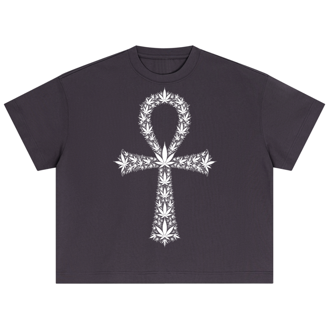 A dark charcoal gray short-sleeve crop top t-shirt featuring a large white graphic of an Ankh symbol composed of cannabis leaves, displayed flat against a solid white background.
