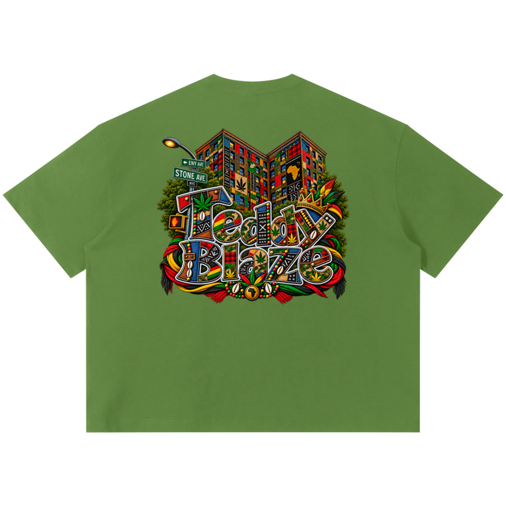 Shop the Teddy Blaze Boho ENY Sorona Boxy Tee, a relaxed unisex graphic tee featuring Teddy Blaze Boho and Brooklyn-inspired ENY artwork.