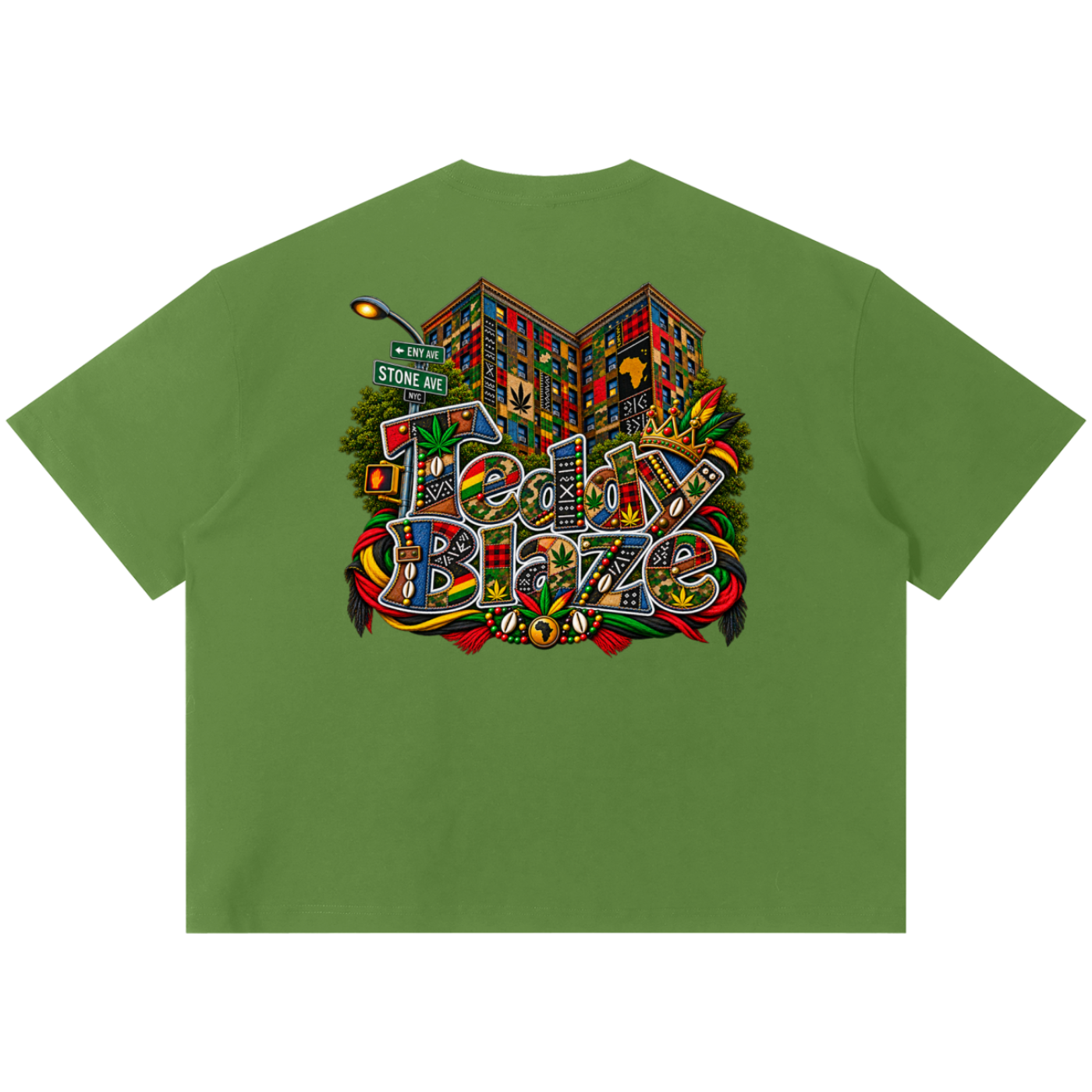 Shop the Teddy Blaze Boho ENY Sorona Boxy Tee, a relaxed unisex graphic tee featuring Teddy Blaze Boho and Brooklyn-inspired ENY artwork.