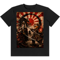 A black short-sleeve crewneck t-shirt featuring a large, detailed graphic print on the front. The graphic depicts a dramatic samurai battle scene with a red rising sun, a samurai on the right, and a dark, shadowy figure on the left, set against a distressed, grunge-style background.