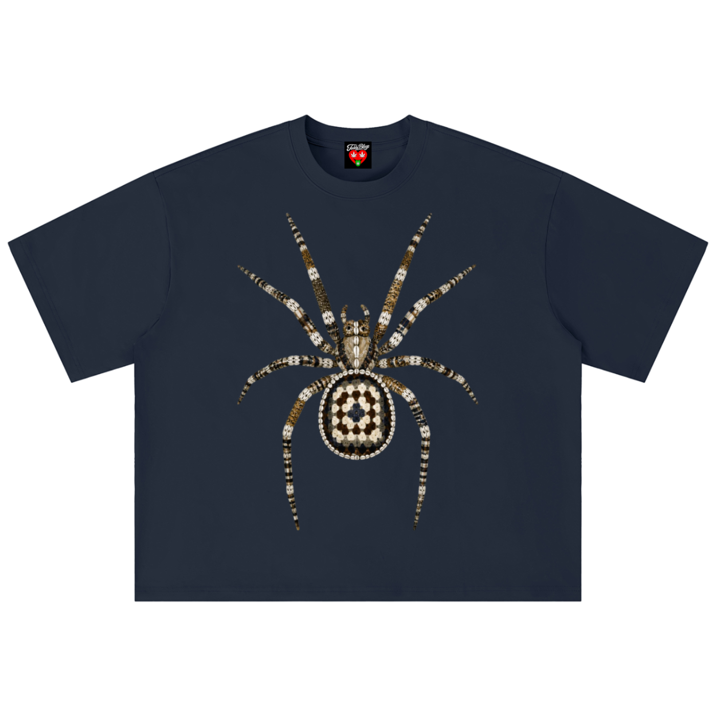 A navy blue short-sleeve t-shirt featuring a large spider graphic on the chest, constructed from gold and white rhinestones, set against a plain white background.