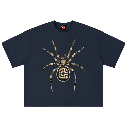 A navy blue short-sleeve t-shirt featuring a large spider graphic on the chest, constructed from gold and white rhinestones, set against a plain white background.