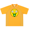 A yellow short-sleeve polo shirt with a mock neck and a large graphic on the chest featuring a yellow smiley face with white cannabis leaves for eyes and a green tongue with a cannabis leaf.